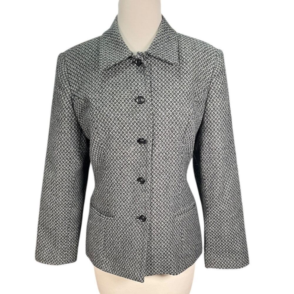 SAG HARBOR Wool Blend Blazer Hounds Tooth Grey Black Size 10P Button Up Vintage
